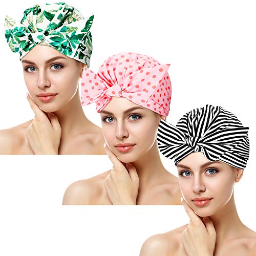 3 Pieces Shower Cap for Women, Waterproof Reusable Shower Caps Bowknot Shower Hat Bath Cap Multi-functional Hair Caps, Printed Styles (Stripe, Palm Leaves, Dots)