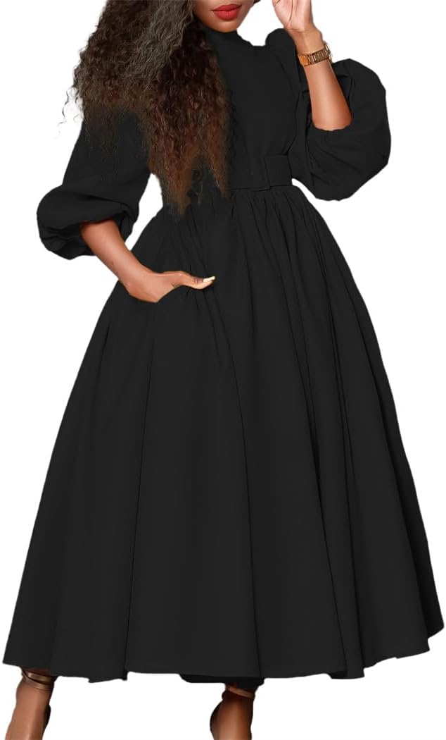 Useagrey Women's Long Sleeve Maxi Dress High Waist Ruched A Line Swing Cocktail Party Dresses Formal Wedding Party Dress