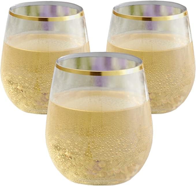 Oojami 36 Pack Disposable Wine Glasses 12oz Stemless Plastic Gold Rim - Crystal Clear Unbreakable for Wedding, Party, Birthday & Events - Image 5