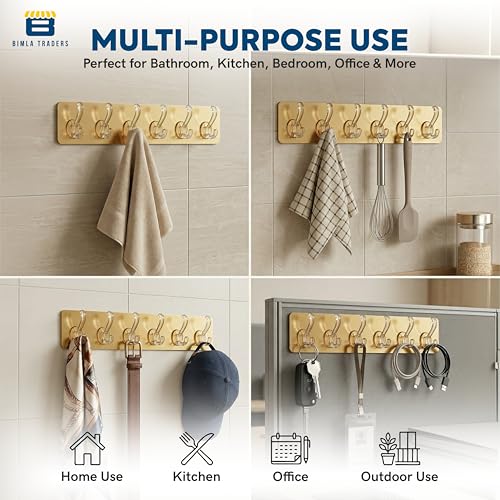 Image of Waterproof Stick on Adhesive Wall Hooks 1 Set of 6 Pcs - Heavy Duty Hooks for Photo Frames, Wall Clocks, Keys, Hanging Robe |No Damage, Easy Installation |Smart Storage Solution | Gold