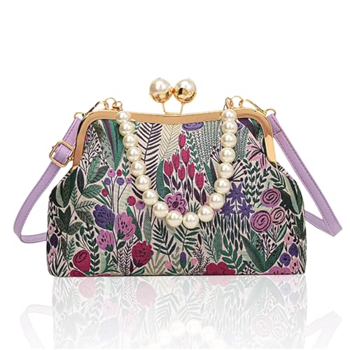 Vintage Embroidered Flower Handbag, Flower Embroidery Handbag with Kiss Lock Closure, Retro Pearl Chain