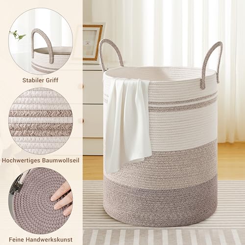 MYHOMMATTO Wäschekorb,Aufbewahrungskorb,Geflochten Korb,100L Groß xxl Rund Wäschesammler mit Baumwoll Henkel für Kinderzimmer,Korb für Decken und Spielzeug für Wohnzimmer oder Waschraum,Braunverlauf