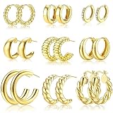 KRFY 9 Pairs Gold Hoop Earrings Set for Women Lightweight 14K Gold Plated Chunky Hoop Earrings Multi