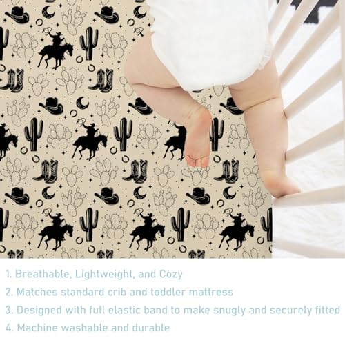 Image of Vintage Western Cowboy Baby Crib Sheets 52''x28'' Cowboy Horse Boots Hat Cactus Moon Snug Fitted Crib Mattress Cover for Boy Girl Wild Plants Soft Baby Bed Sheet for Standard Crib Toddler Mattress