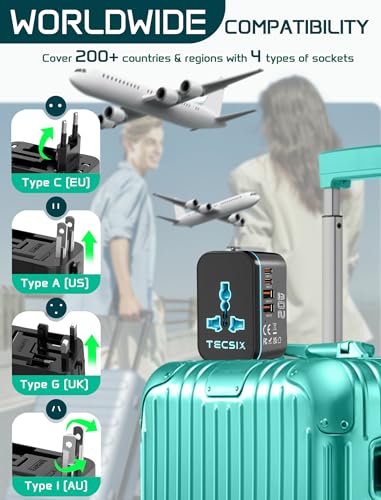 Image of Universal Travel Adapter Worldwide PD 20W, TECSIX International Power Adapter Fast Charging with 2 USB C, 2 USB A Multi Outlets, Gan Travel Plug Adaptor for EU US UK AUS 200+ Countries