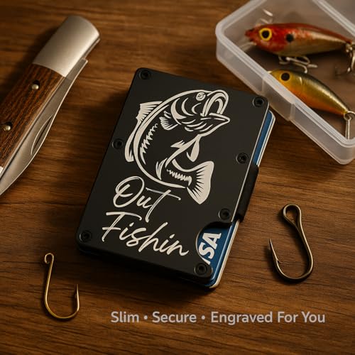Out Fishin’ Bass Wallet – RFID Blocking Metal Wallet for Men – Slim Ridge Style Card Holder – AirTag Compatible – Minimalist Fishing Wallet (OG Bass, Crimson Red)3