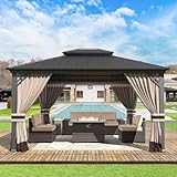 Gotland 12' x 14' Outdoor Gazebo, Hardtop Gazebo with Curtains and Netting, Outdoor Pavilion with Iron Double Roof, Permanent Metal Pergola for Garden Lawns Patio Party Khaki