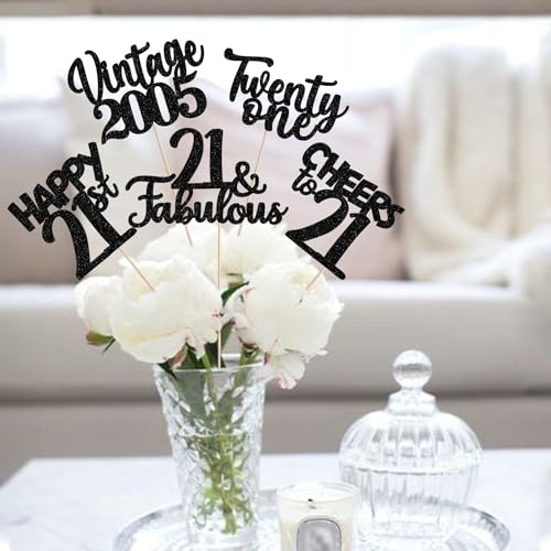 Image of 15 PCS Black 21st Birthday Centerpiece Sticks Double Sided Twenty One Happy 21 Vintage 2005 Table Flower Centerpieces Sticks Cheers to 21 Fabulous Floral Decorations for 21st Birthday Party Supplies