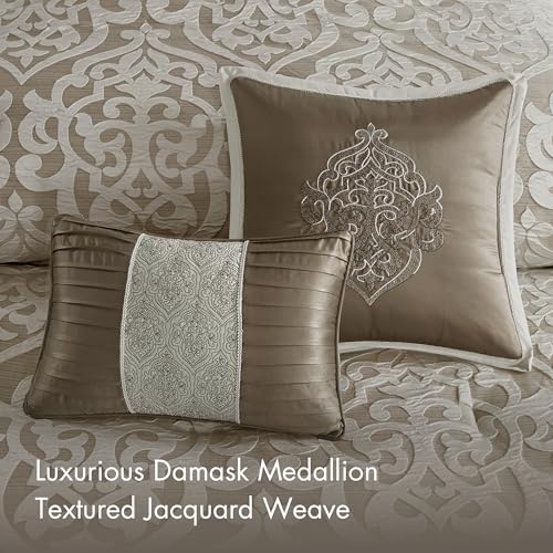 Madison Park Odette Cozy Comforter Set Jacquard Damask Medallion Design - Modern All Season, Down Alternative Bedding, Shams, Decorative Pillow, King(104 in x 92 in), Tan 8 Piece - Image 4