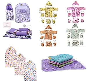 Fareto Baby's 34 in 1 Combo of Daily Needs Items in Single Packet (Multicolour, 0-6 Months) Set of 34 Items (Purple)