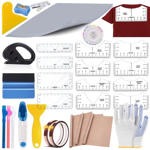 67 Pcs Sublimation Shirts Tool Kits for Vinyl Alignment,Heat Press Mat Pad Silicone,T-Shirt Rulers Guide and Teflon Sheet for Cricut Heat Press HTV Vinyl Center Designs,Craft Sewing Accessories