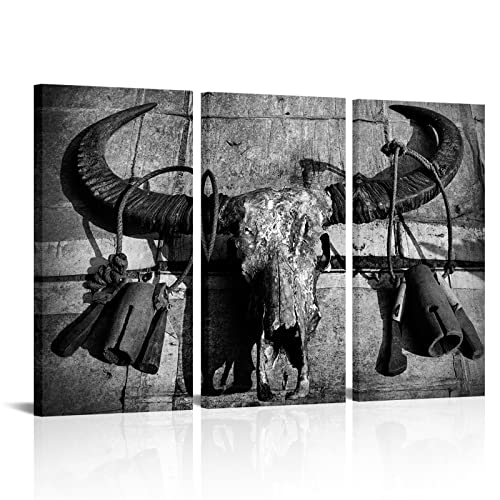 Fushvre - 3 Piece Western Art Wall Decor Buffalo Bull Cow Horn Skull Picture Prints On Canvas Black And White Animal Head Painting For Cowboys Bedroom Living Room Decorations Framed 12"X24" #TOP20