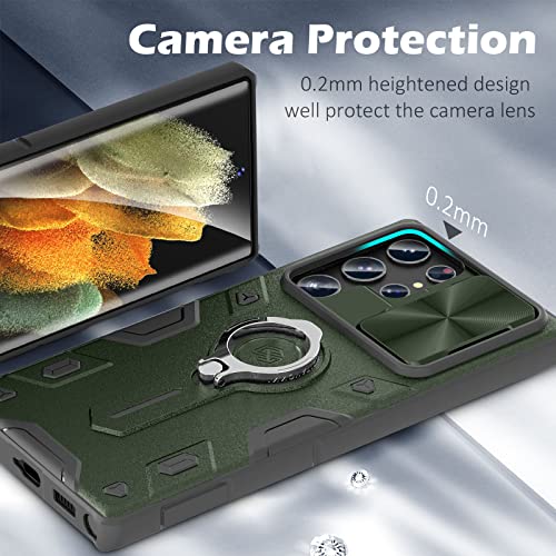 Image of imluckies for Samsung Galaxy S22 Ultra Case with Camera Cover & Kickstand, 360Rotating Ring Stand+Slide Lens Protection, Shockproof Bumper, Impact-Resistant Case for S22 Ultra 5G 6.8 inch, Green