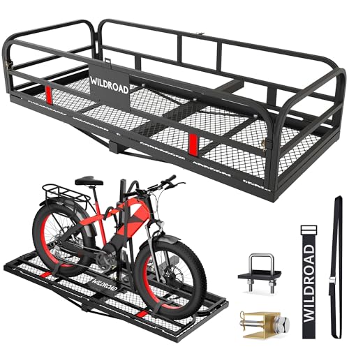 Wildroad Hitch Cargo Carrier with Bike Rack 60' x 24' x 14' Folding Trailer Hitch Cargo Carrier 500 LBS Capacity for Standard, Fat Tire and Electric Bike Fits 2' Receiver 60' Basket+Bike Rack