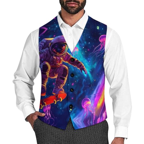 Astronaut on Skateboard Jellyfish Trendy Vest Suit for Men V Neck Formal Dress Waistcoat Vests Business Slim Fit
