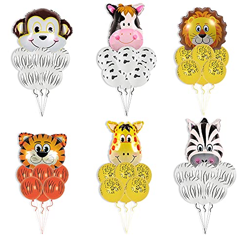 QICI 48PCS Jungle Safari Animal Balloons Set Tiger Lion Zebra Giraffe Cow Wild Monkey Wild Animals Print Balloons for Animal Themed Birthday Party Decorations Baby Shower Supplies