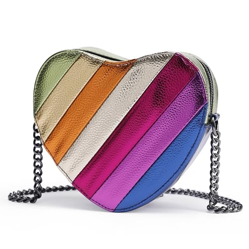 Rejolly Rainbow Stripe Heart Shaped Purse for Women Crossbody Bag Metallic PU Leather Shoulder Bag with Chain Strap