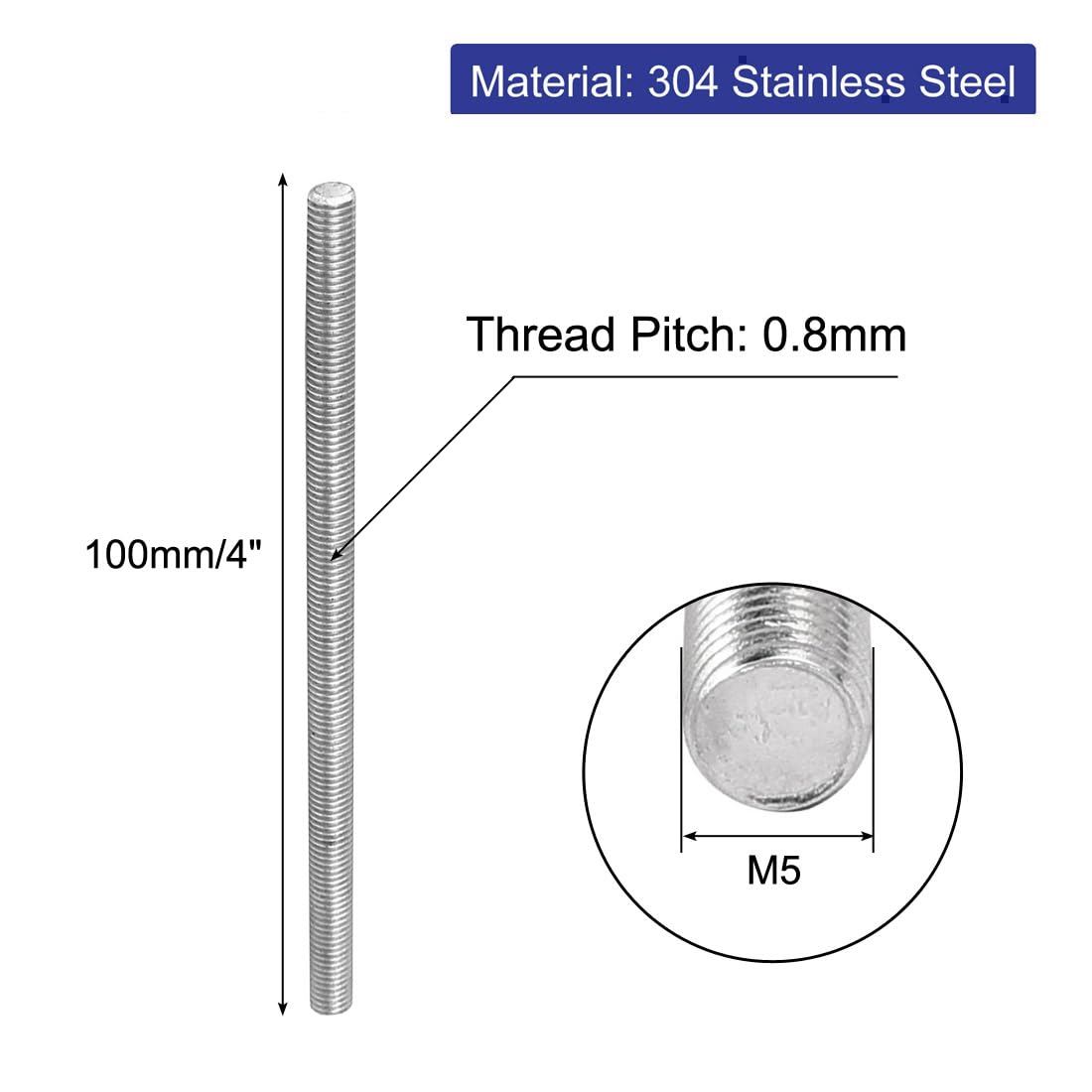 Image secondaire de sourcing map Tige Filetée M5x100mm Acier inoxydable 304 entièrement filetée tige goujons 5pcs