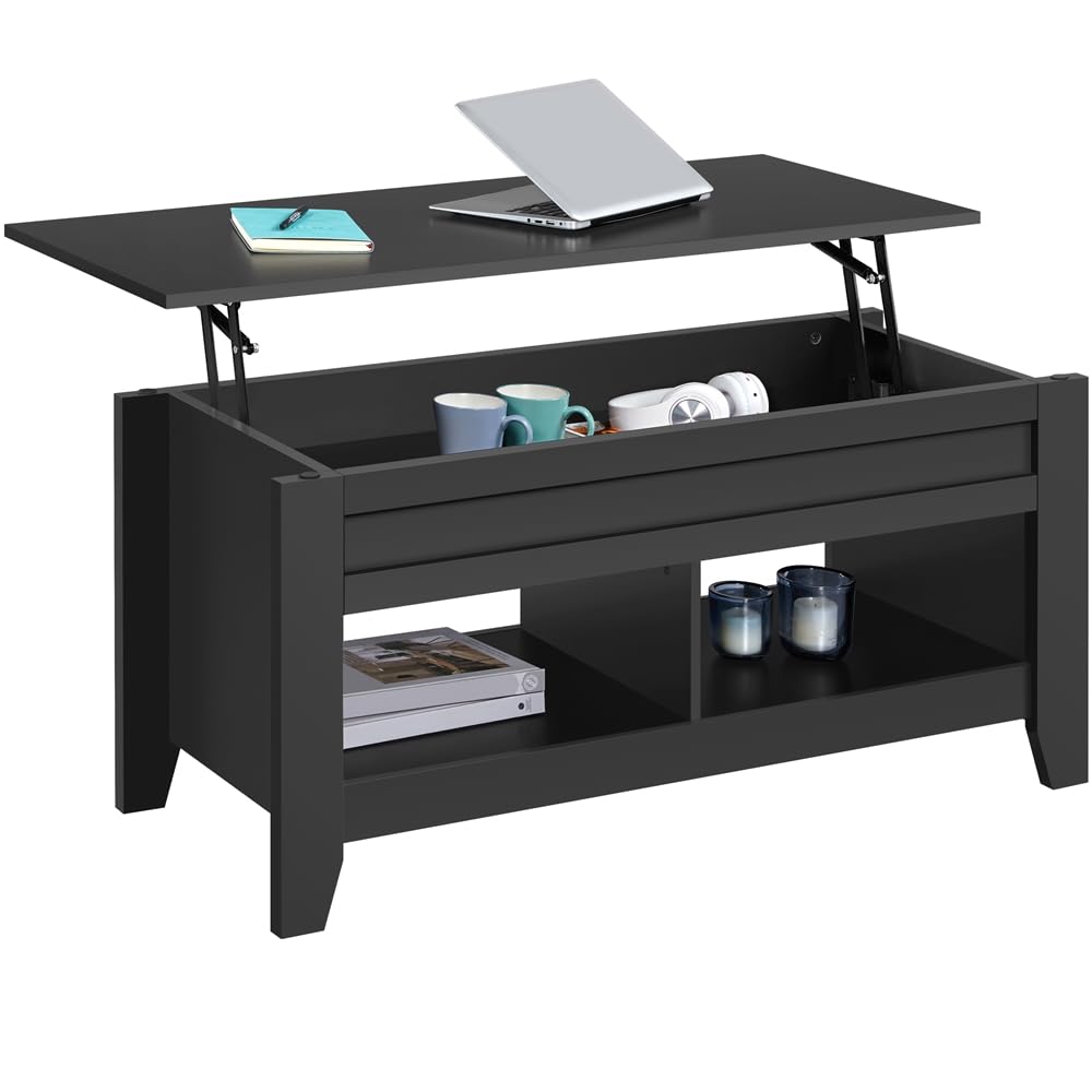 Yaheetech Table de Basse Relevable avec Plateau relevable, Table de Salon Fonctionnelle avec Deux Compartiements Caché, Design Moderne en Bois MDF 104 x 49 x 49/61 cm Noir
