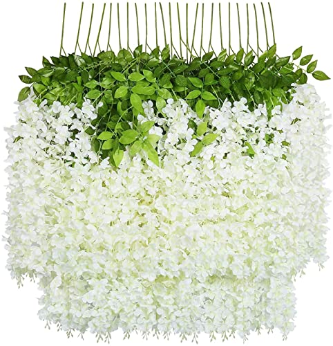 Image of Tia Crafts Polyester Artificial Hanging Flowers for Ceiling Balcony|White Wisteria Vine|Home Party Decor Garden Outdoor Greenery Office Wall Decoration|Waterproof Washable 45 Pack of 6(White,6)
