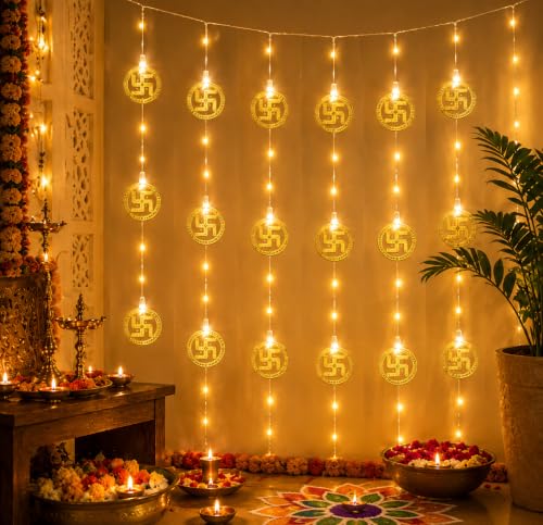 Image of MoonlitDreams 10 Swastik LED String Lights, 3 Meter Golden Metallic Decorative Lights for Diwali Decoration, Home, Mandir & Pooja Room, Festive Ambient Lighting (Plug-in)