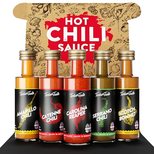 TIMBER TASTE® Chili Sauce Geschenkset [5 x 40ml] | Offroad Hot Sauce Set | Scharfe Soßen Geschenk Set | Weihnachtsgeschenke für Männer & Frauen | Soßen Geschenkset Geburtstag | Chili Saucen Gewürze