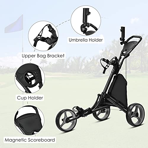 Gymax Golf Push Cart, 3 Wheels Aluminum Folding Height Adjustable Golf Push Trolley With Umbrella Holder & Waterproof Bag, Portable Lightweight Quick Open Fold Golf Cart (Gray) #TOP7
