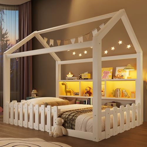 Sapgaks Lit Enfant avec éclairage LED,barrière de sécurité,Compartiments de Rangement Ouverts,lit cabane Enfants 90x 190 en pin,Cadre de lit 90 x 190 avec sommier à...
