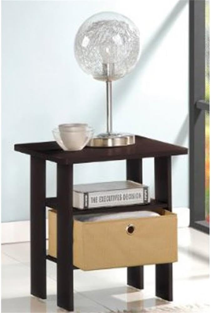 Pemberly Row Engineered Wood End Table, 17.5 in H x 15.5 in W, Espresso Brown Finish, Fabric Bin Drawer with Shelf, Compact Design, Rounded Edges, Living Room or Small Space Furniture