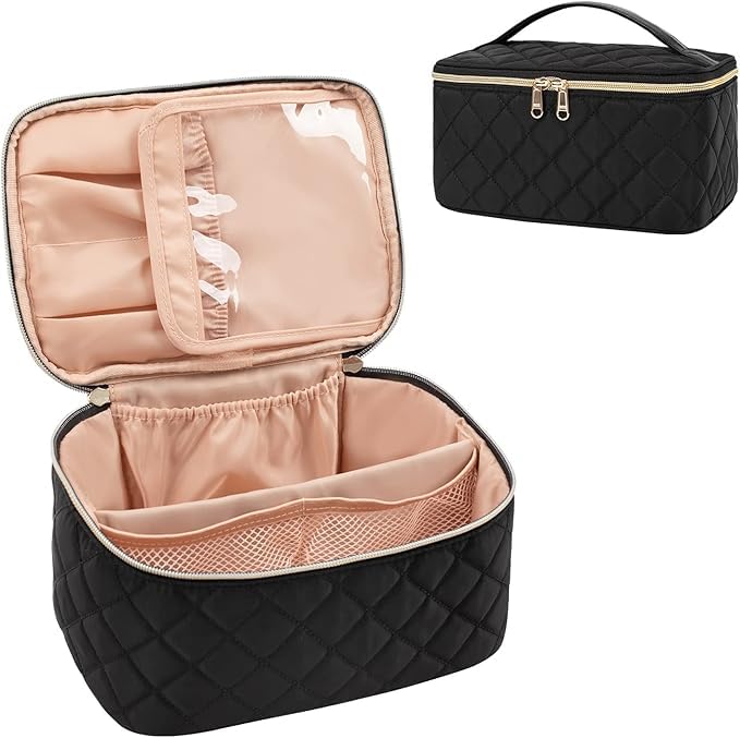 OCHEAL Makeup Bag, Portable Cosmetic Bag, Large Capacity Travel Makeup Case Organizer, Black for Women Toiletry Bag for Girls Traveling with Handle and Divider