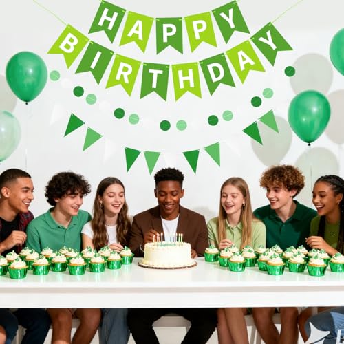 Image of Green Happy Birthday Banner Hanging Sign Circle Dot Triangle Bunting