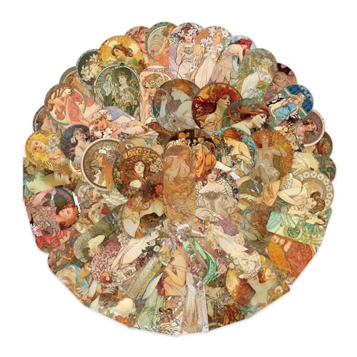 Paquete de 50 calcomanías de vinilo estilo retro europeo Art Nouveau Mucha estilo retrato estético impermeable calcomanías para maleta, laptop, diario, adultos
