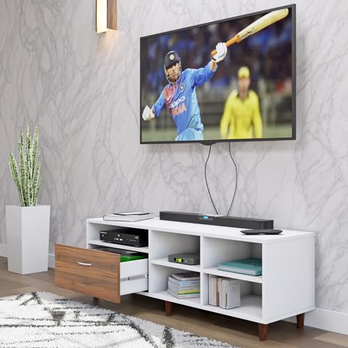 Image of VIKI Modern TV Unit for Living Room | Engineered Wood TV Cabinet with 1 Drawer Storage & 3 Open Shelves, S Entertainment Unit, 140W x 48H x 40D cm | DIY | 1 Year Warranty (White & Walnut)