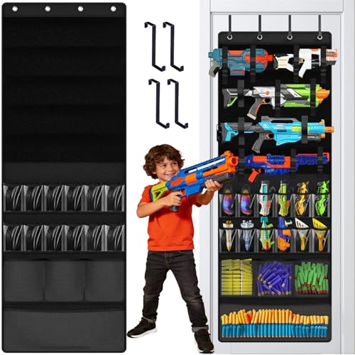 MonBel Over The Door Organizer for Toy Guns, Toy Storage Door Hanger with Pockets and Slots for Kids Rooms, Game Rooms, Black