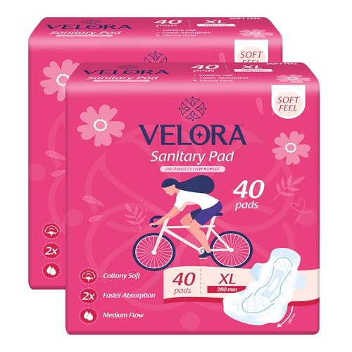 Image of Velora Soft Feel & Rash Free Pack of 2 Trifold Sanitary Pads| XL - 280MM | 80 Pads (40 Pads Each) | Sanitary Pads for Women and Girls, Quick Absorption, Heavy Flow Champion, Skin Friendly
