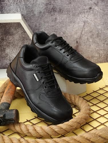 Image of Men's Black Industrial Safety Shoes, Size 10, Steel Toe, Oil Resistant Sole, Genuine Leather, Breathable, Comfortable, Lightweight