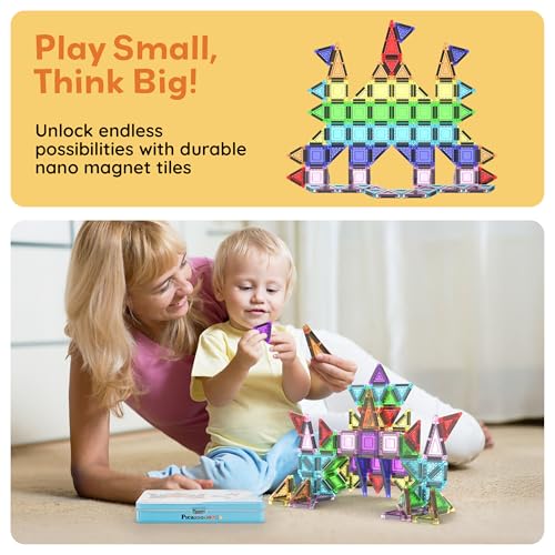 Image of PicassoTiles Nano Magnetic Tiles Travel Set with Storage Tin, Kids Ages 3+ | 39 colorful triangles, 11 squares, lid doubles as a play board, STEM learning, portable screen-free fun, expandable builds
