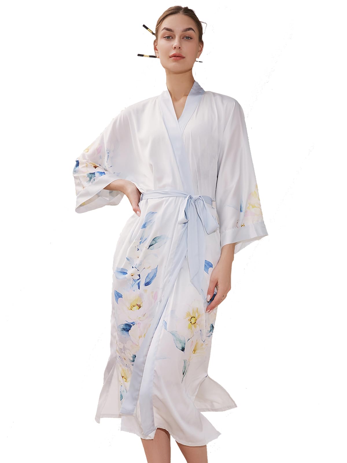 UlivaryWomen's Floral Silk Satin Kimono Robe Long Asian Art Printed Luxury Dressing Gown