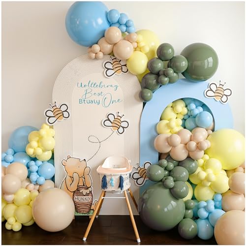 Image of Baby Shower Decoration, 150pcs Sage Green Light Blue Pastel Yellow and Cream Balloon Arch Kit, Multi-sized Balloons for Classic Bear or Rabbit Themed Birthday Party Decor