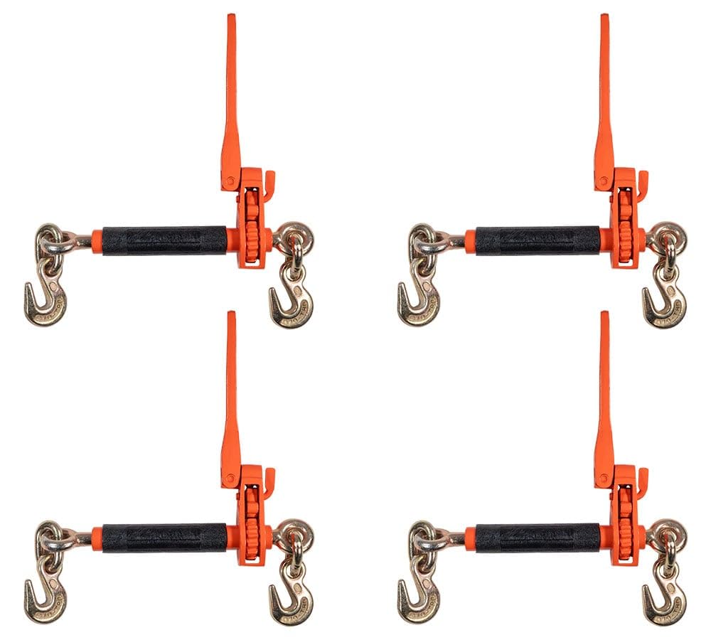 Mytee Products 4 Pack 5/16" - 3/8" Hi-Viz Orange Quick Ratchet Folding Handle Ratchet Load Binder w/Grab Hook 7,100 lbs WLL | Tie Down Hauling Chain Binders for Flatbed Truck Trailer