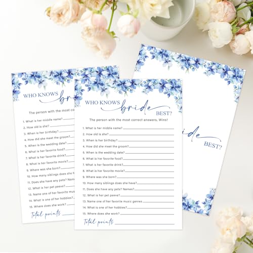 Image of Who Knows The Bride Best Games, 25 Blue Floral Wedding Shower Game Cards Set, Engagement Party Game for Guests, Wedding Games for Reception, Minimalist Marriage Party Supplies-09