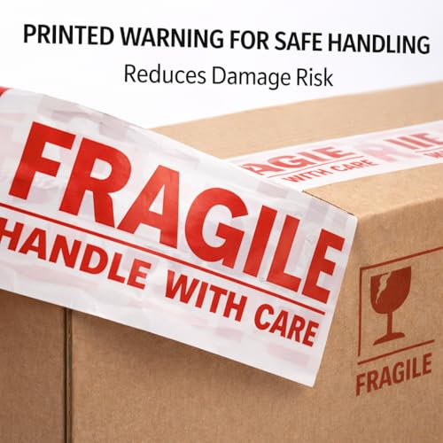Image of Fragile Packing Tape | Pack of 6 Rolls | 48 mm / 2 Inch x 65 Meter BOPP Adhesive Tape | Heavy Duty Red & White Warning Tape for Fragile Parcels E-Commerce &