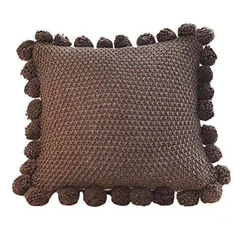 Ancoree Solid Color Knitted Pillow Cover Cushion Cover with Lovely Pompoms Lantern Ball, Large Simple Style Pillowcase Decorative Soft Pillow Sham with Hidden Zipper, 50x50cm (Umber) Cover