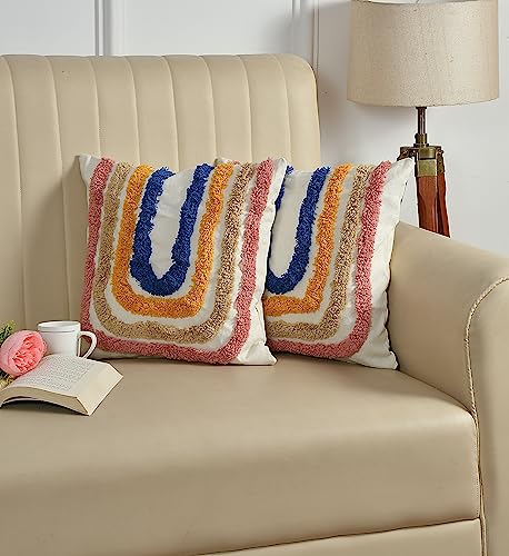 Image of TIB Premium Boho Decorative Throw Cushion Covers, 16 x 16 cm, Set of 2, Cotton. (Rainbow)