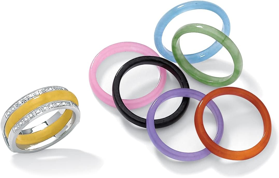 PalmBeach Sterling Silver Multicolor Jade 8 Piece Interchangeable Ring Set Sizes 5-10