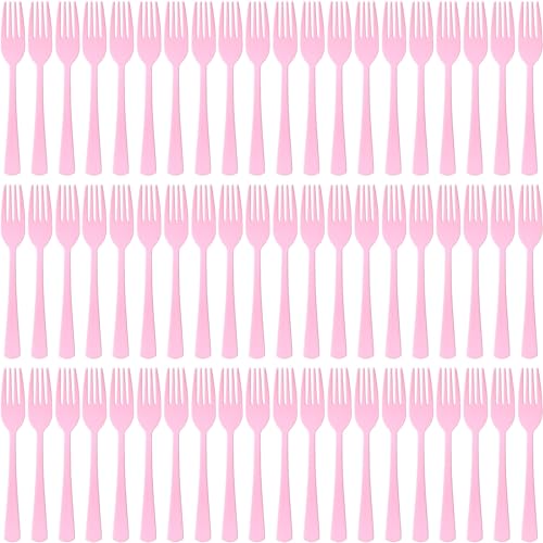 60 Pcs Pink Disposable Plastic Forks Cutlery Heavy Duty Dinnerware Plastic Silverware Flatware for Home Office School Party Picnics Restaurant Outdoor Events or Every Day Use (Pink)