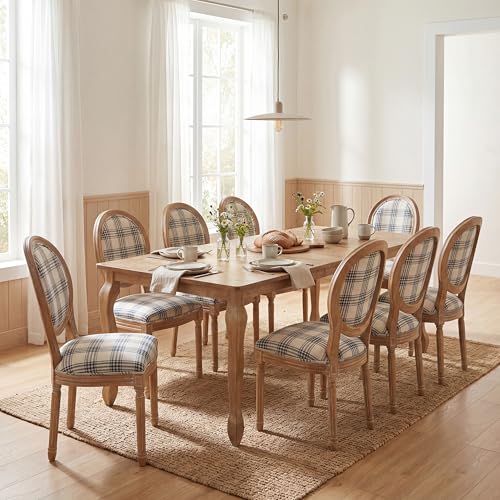 Image of Christopher Knight Home Bilas Extendable Dining Table Set for 8, Expandable Kitchen Table and Dining Chairs Set of 8, Rubberwood Dining Room Table Set for 8, Blue Plaid+Natural
