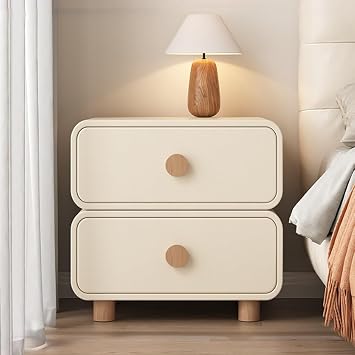Modern Nightstand, Wooden Nightstand with 2 Sliding Drawer, Minimalist Night Stands with Microfiber Leather, Small Multiple Drawer Bedside Table for BedroomBeige,Length 17.7in/45cm