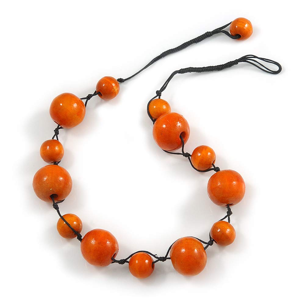 Avalaya Collar de cordón de algodón negro con cuentas de madera naranja, 52 cm de largo, talla única, Madera cordones madera