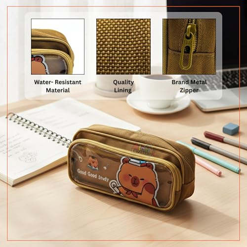 Image of Alokik Enterprise Cute Cartoon Pencil Pouch with Double Zipper & Transparent Window, Large Capacity Fabric Pen Case for School, Office, Students, Kids & Teens (Good Study Brown Pouch)